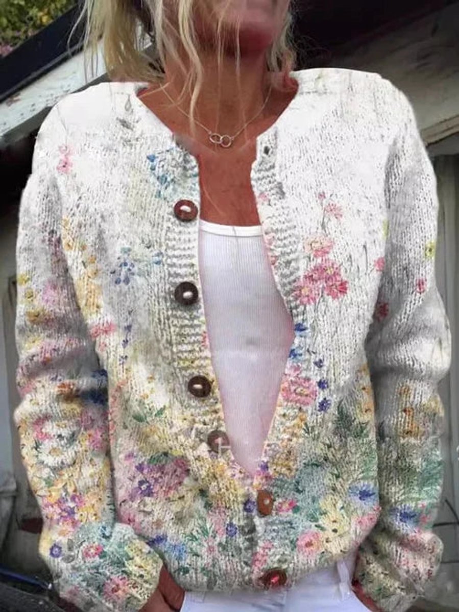 Milo Cardigan Dame | Blomsterstrikket, Rundhalset med Knapper 3