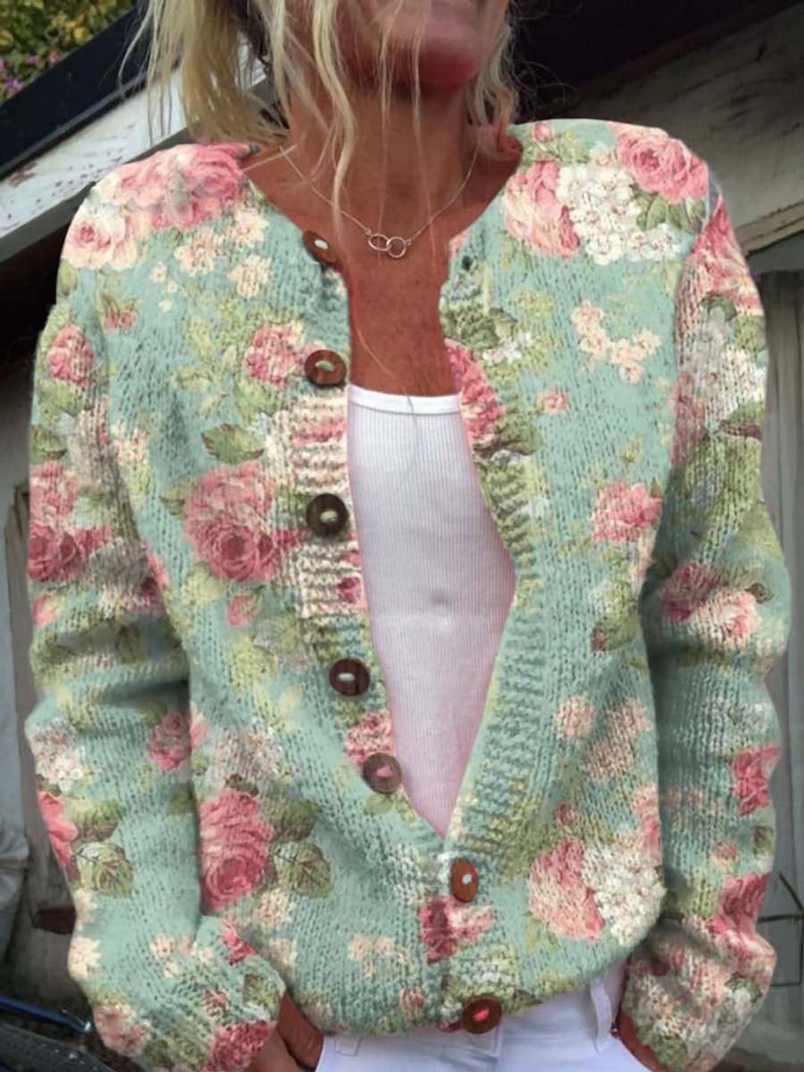 Milo Cardigan Dame | Blomsterstrikket, Rundhalset med Knapper 5