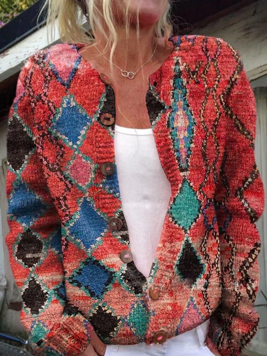 Milo Cardigan Dame | Blomsterstrikket, Rundhalset med Knapper 6