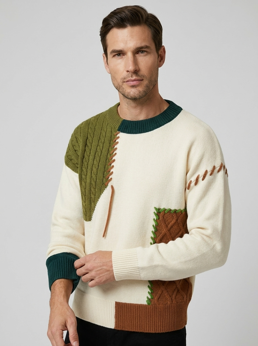 Strikbluse i cremehvid med grøn og brun patchwork og kabelmønstre