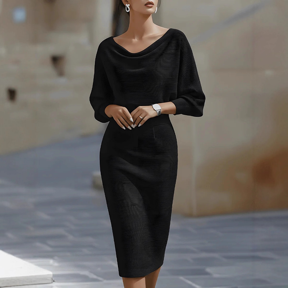 Mira Midi Kjole | Cowl Halsudskæring, Flagermusærmer, Slim Fit 3