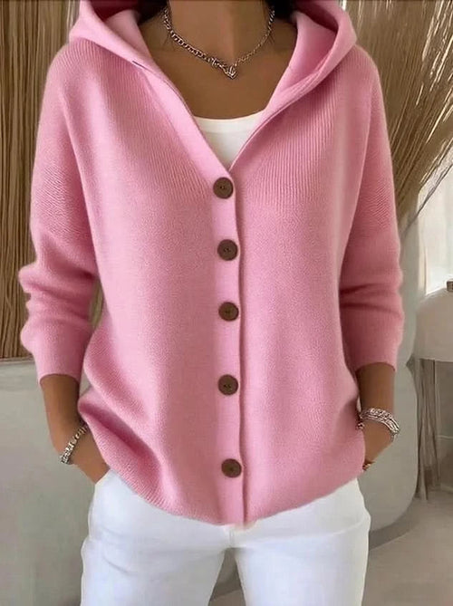 Lyserød strikket cardigan med hætte og knapper, lange ærmer