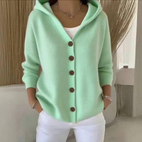 Mintgrøn strikket cardigan med hætte og knapper, lange ærmer