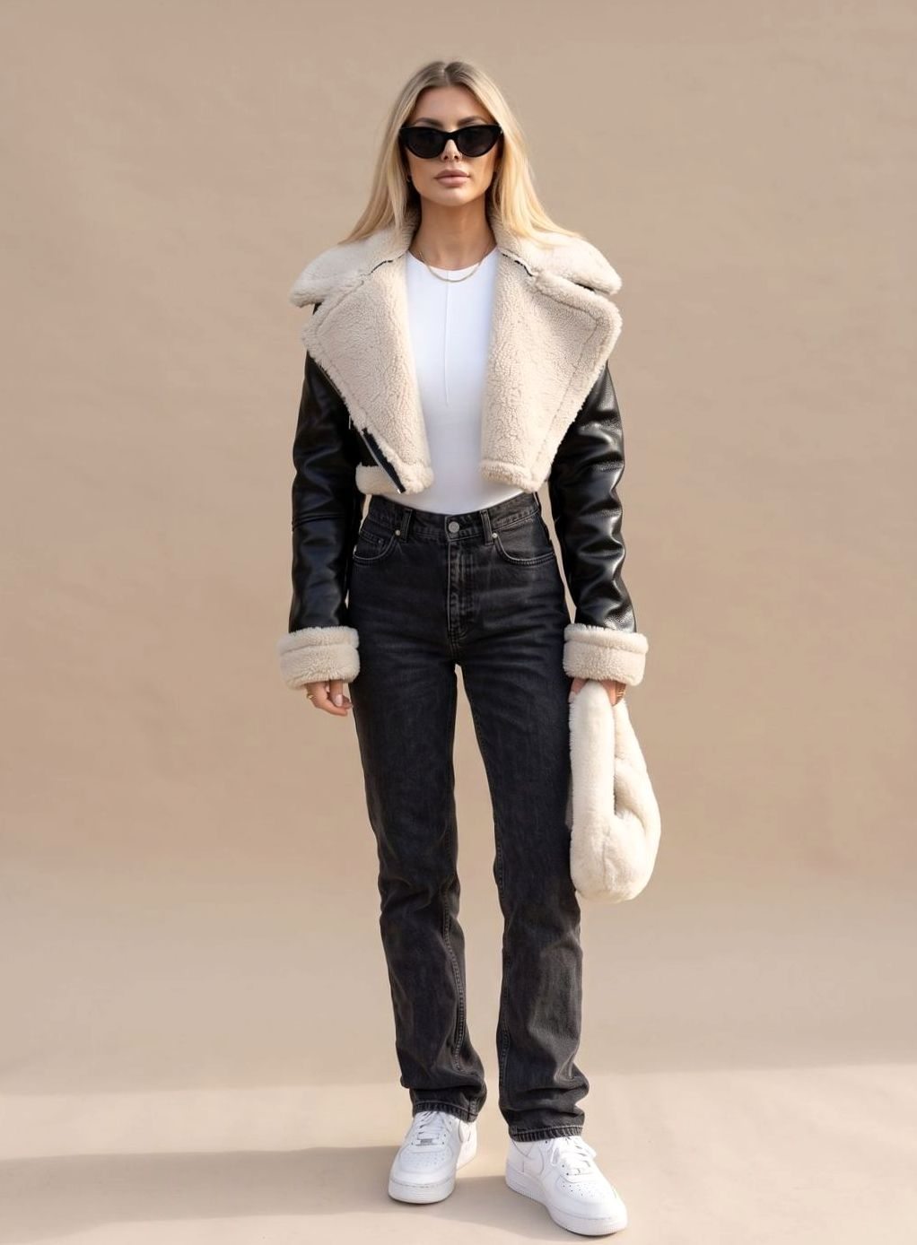 Kort bikerjakke i sort skindlook med beige teddykrave og skrå lynlås
