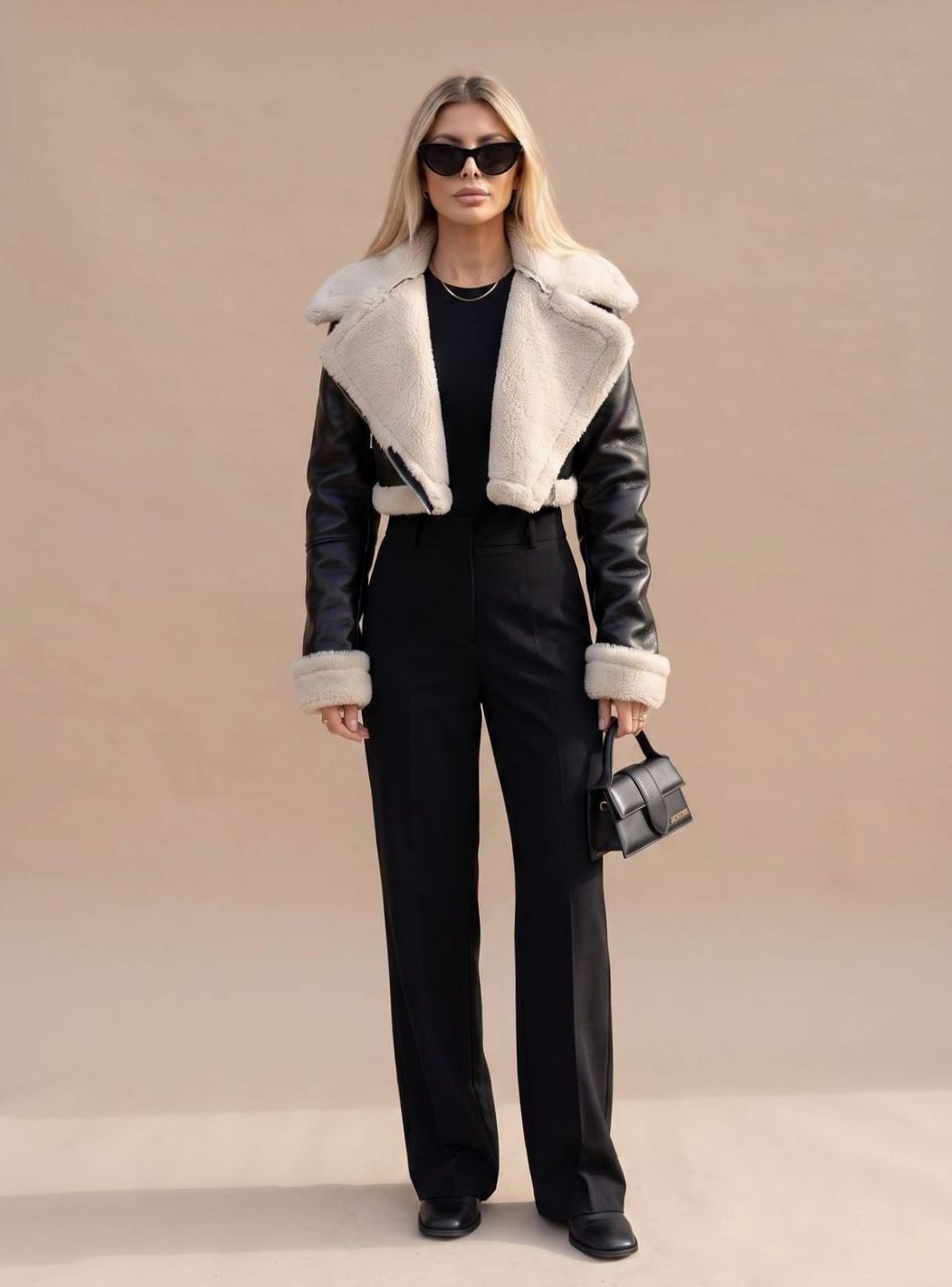 Kort bikerjakke med sort skindlook, beige teddykrave og skrå lynlås