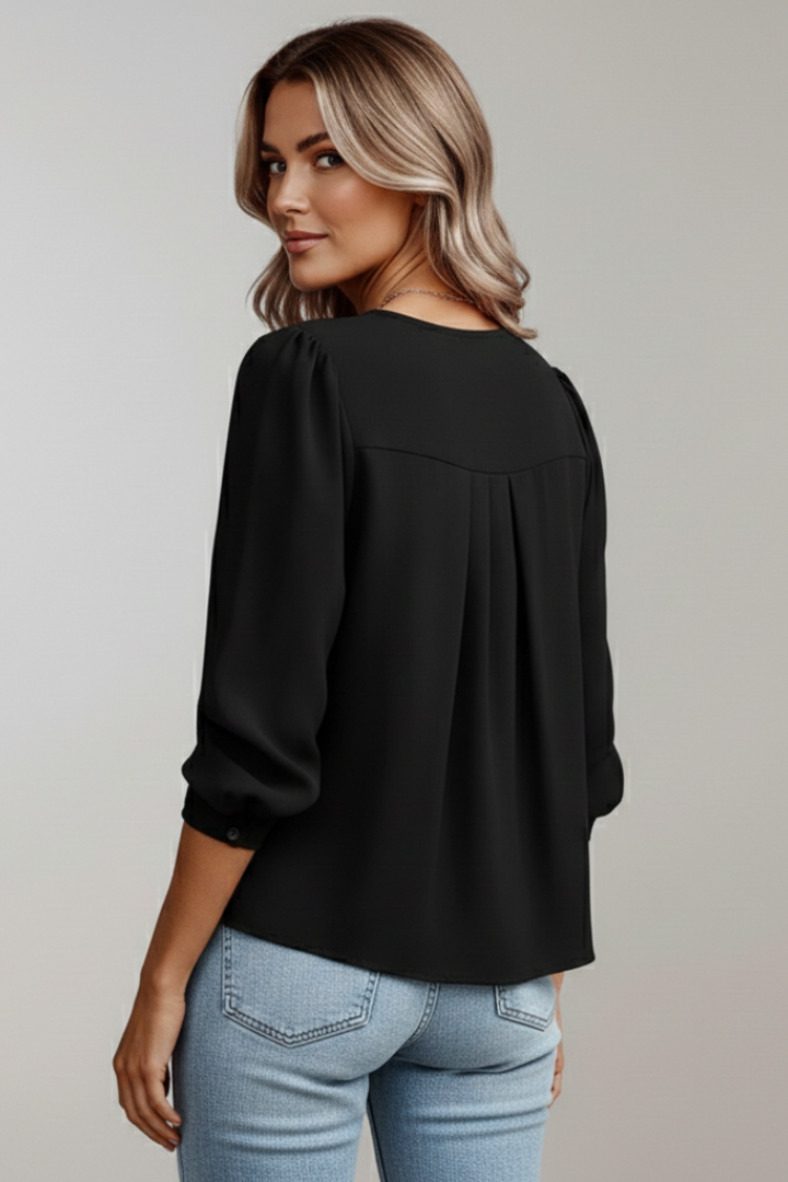 Pella Puffærmet Bluse | Plisseret Frontpanel, Rund Hals 4