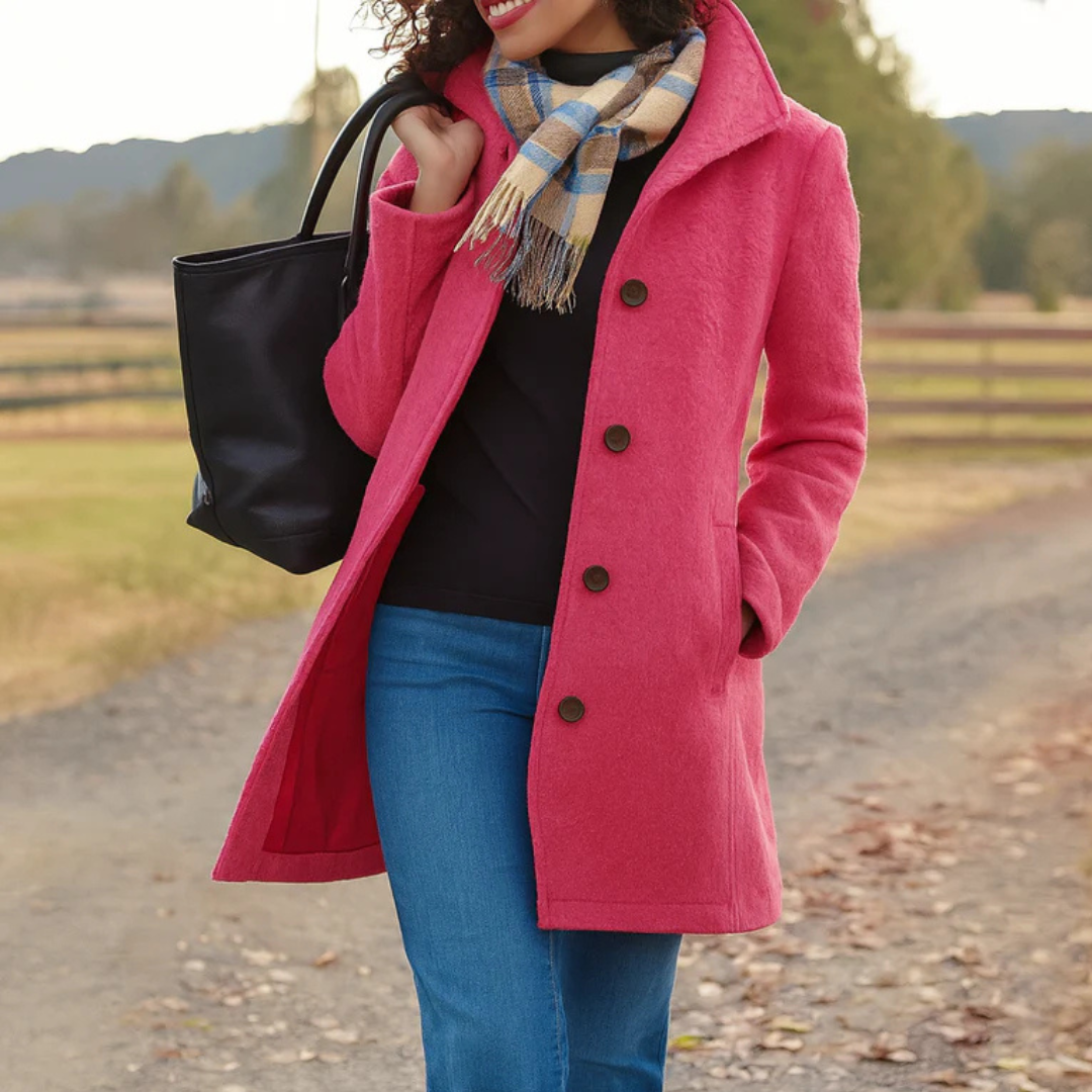 Enkeltradet frakke i pink med revers, knapper og sidelommer