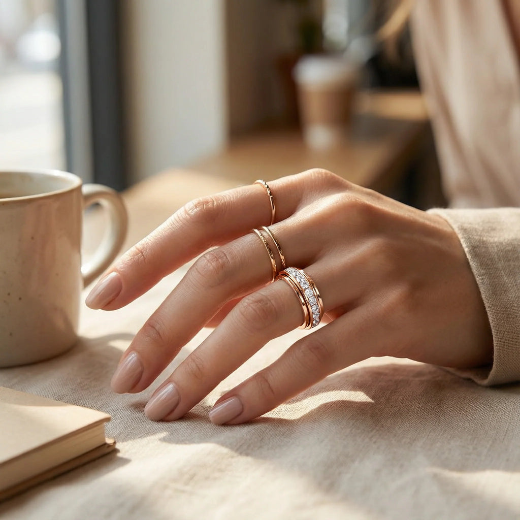 Guldfarvet ring med klar sten på fingeren