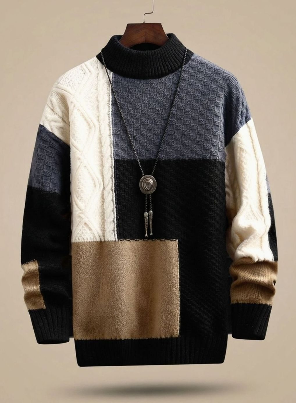 Strikbluse med høj hals og farveblokke i sort, mørkegrå, beige og offwhite, kabelstrik