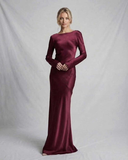 Vesper Maxi Kjole | Satin, Slank Pasform, Lange Ærmer, Dyb Bordeaux 0
