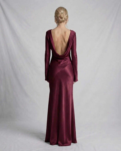 Vesper Maxi Kjole | Satin, Slank Pasform, Lange Ærmer, Dyb Bordeaux 2
