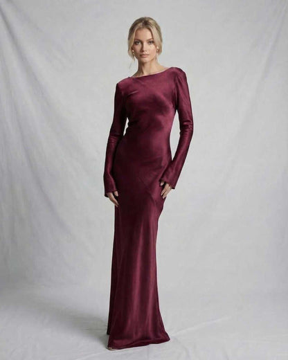 Vesper Maxi Kjole | Satin, Slank Pasform, Lange Ærmer, Dyb Bordeaux 4