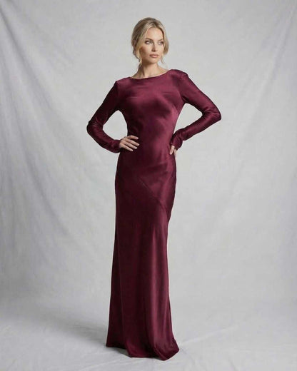 Vesper Maxi Kjole | Satin, Slank Pasform, Lange Ærmer, Dyb Bordeaux 5