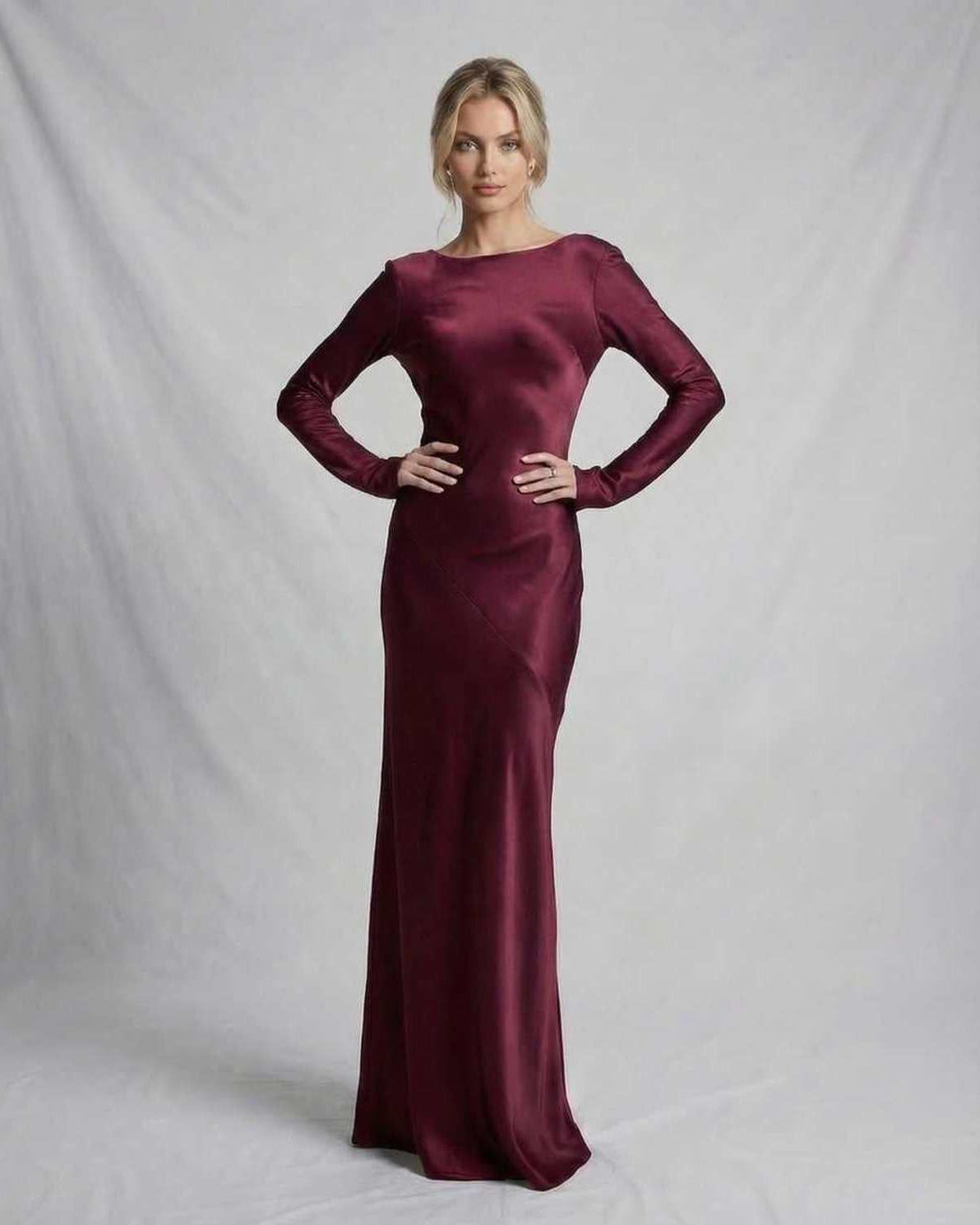 Vesper Maxi Kjole | Satin, Slank Pasform, Lange Ærmer, Dyb Bordeaux 6